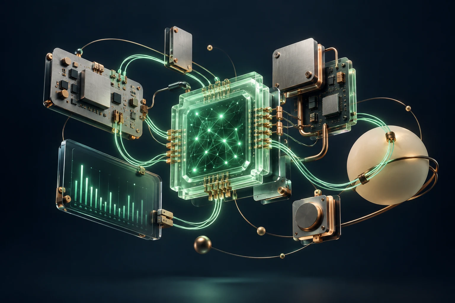 Concept illustration connecting an AI processor, data display and electronic circuits