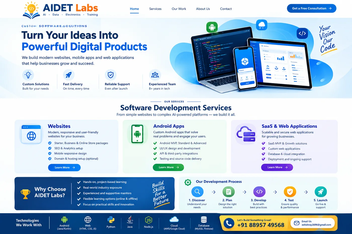 AIDET Labs software solutions overview: websites, Android apps, SaaS and web application development